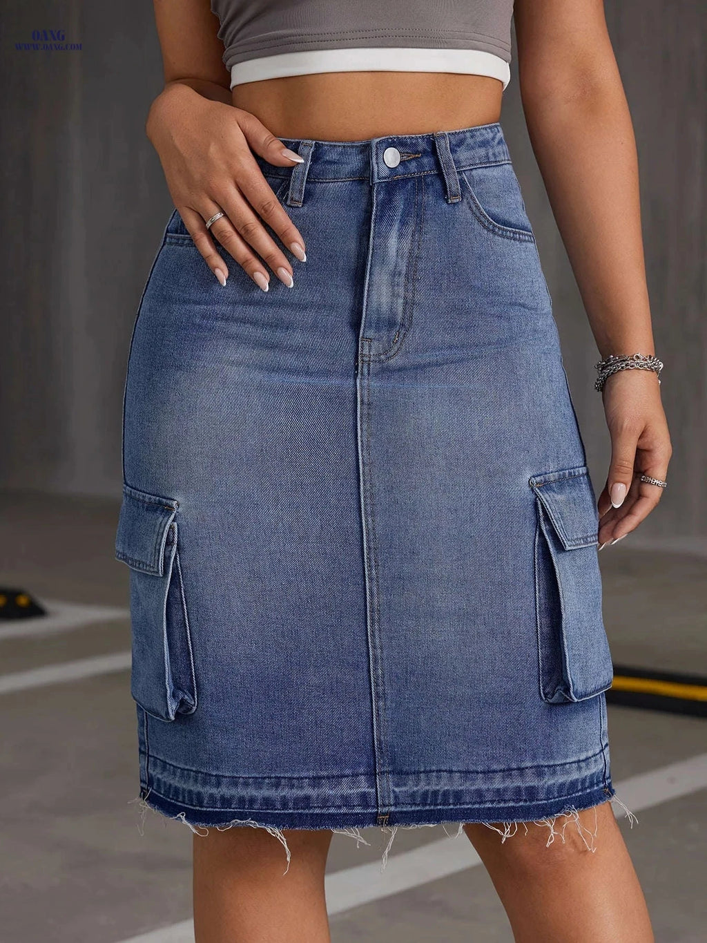 Casual Denim Mid-Skirt with Pockets - Ideal for Spring & Summer   OAXG Medium Blue / S