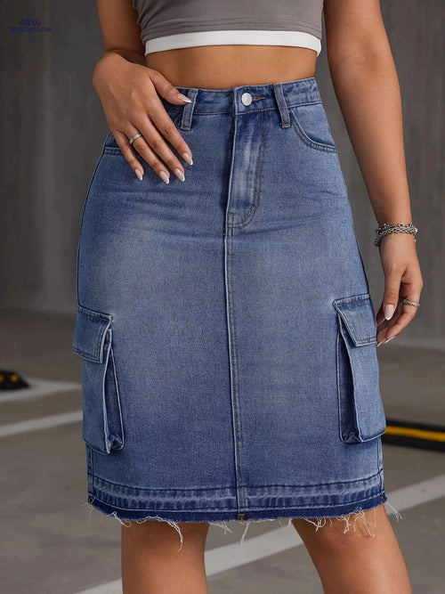 Casual Denim Mid-Skirt with Pockets - Ideal for Spring & Summer   OAXG Medium Blue / S