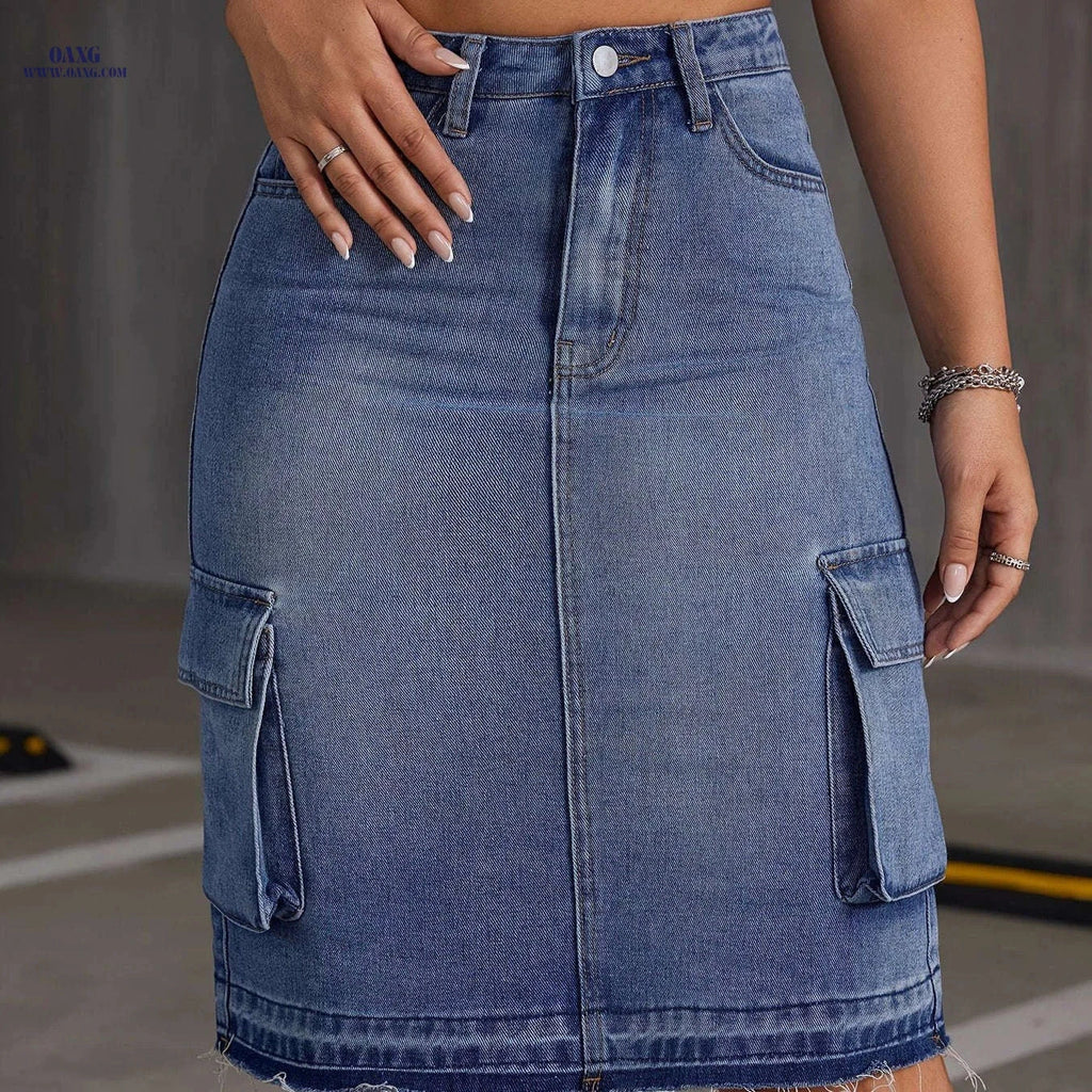 Casual Denim Mid-Skirt with Pockets - Ideal for Spring & Summer   OAXG Medium Blue / S