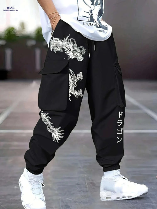 Casual Dragon Print Cargo Pants - Loose Fit with Drawstring Design   OAXG 