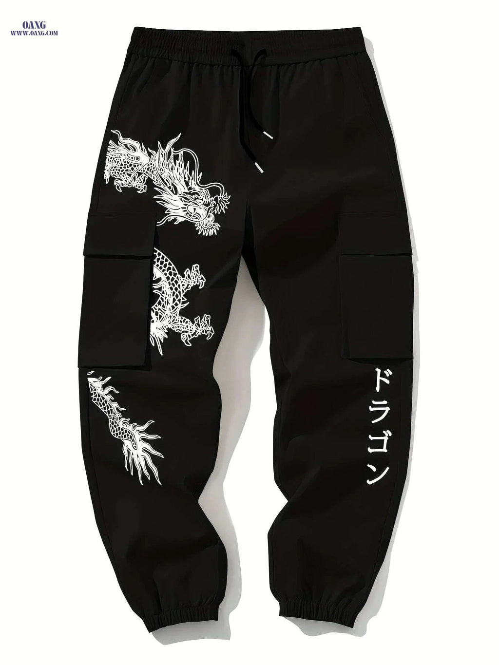Casual Dragon Print Cargo Pants - Loose Fit with Drawstring Design   OAXG Black / S