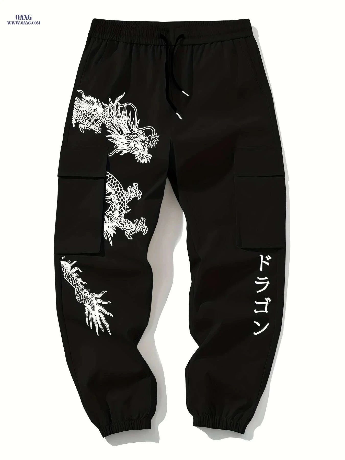 Casual Dragon Print Cargo Pants - Loose Fit with Drawstring Design   OAXG Black / S