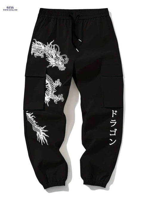 Casual Dragon Print Cargo Pants - Loose Fit with Drawstring Design   OAXG Black / S
