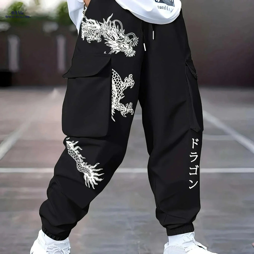 Casual Dragon Print Cargo Pants - Loose Fit with Drawstring Design   OAXG Black / S