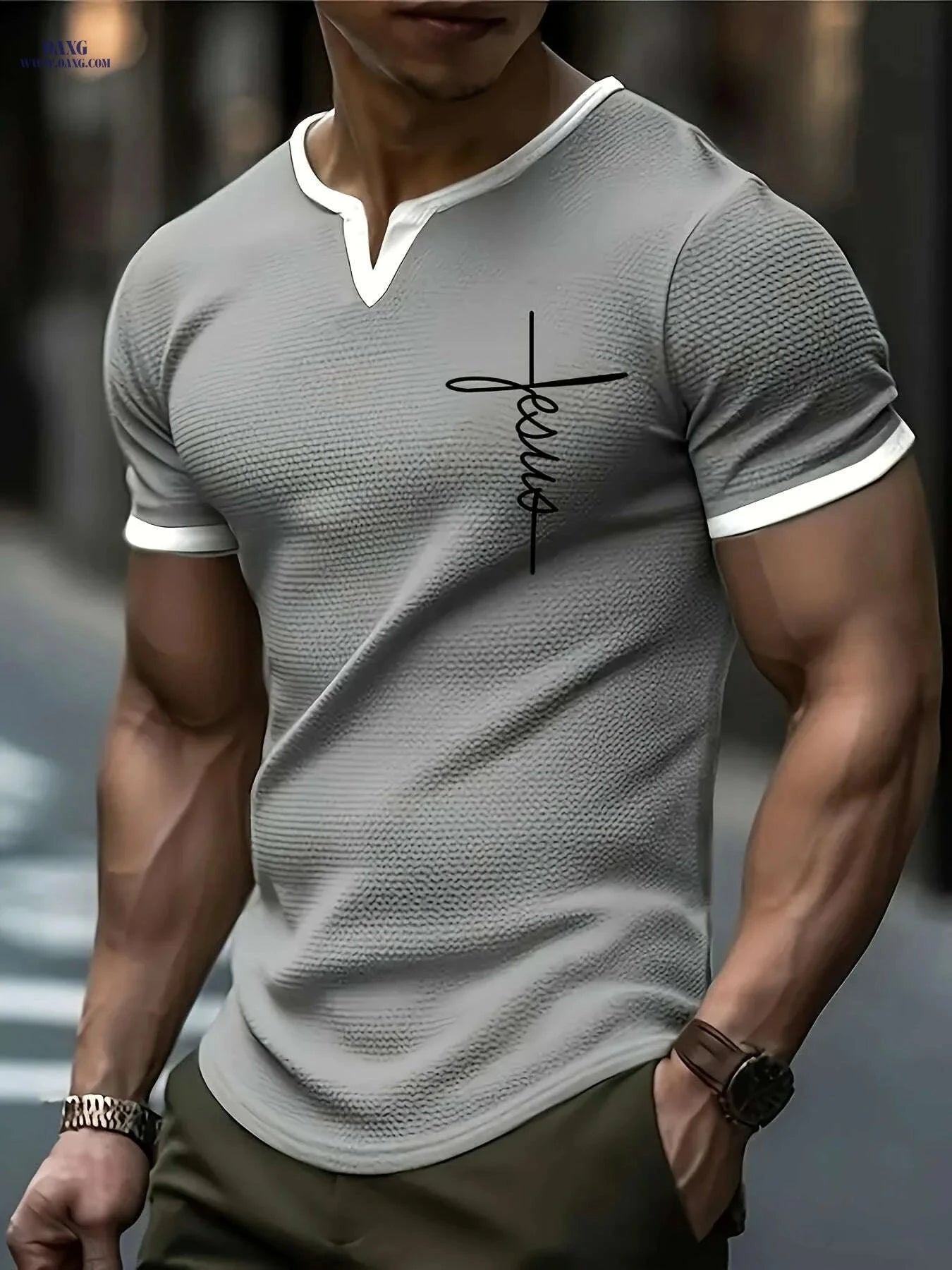 Casual FAITH Waffle Knit V-Neck T-Shirt - Men's Summer Wear   OAXG Grey / S