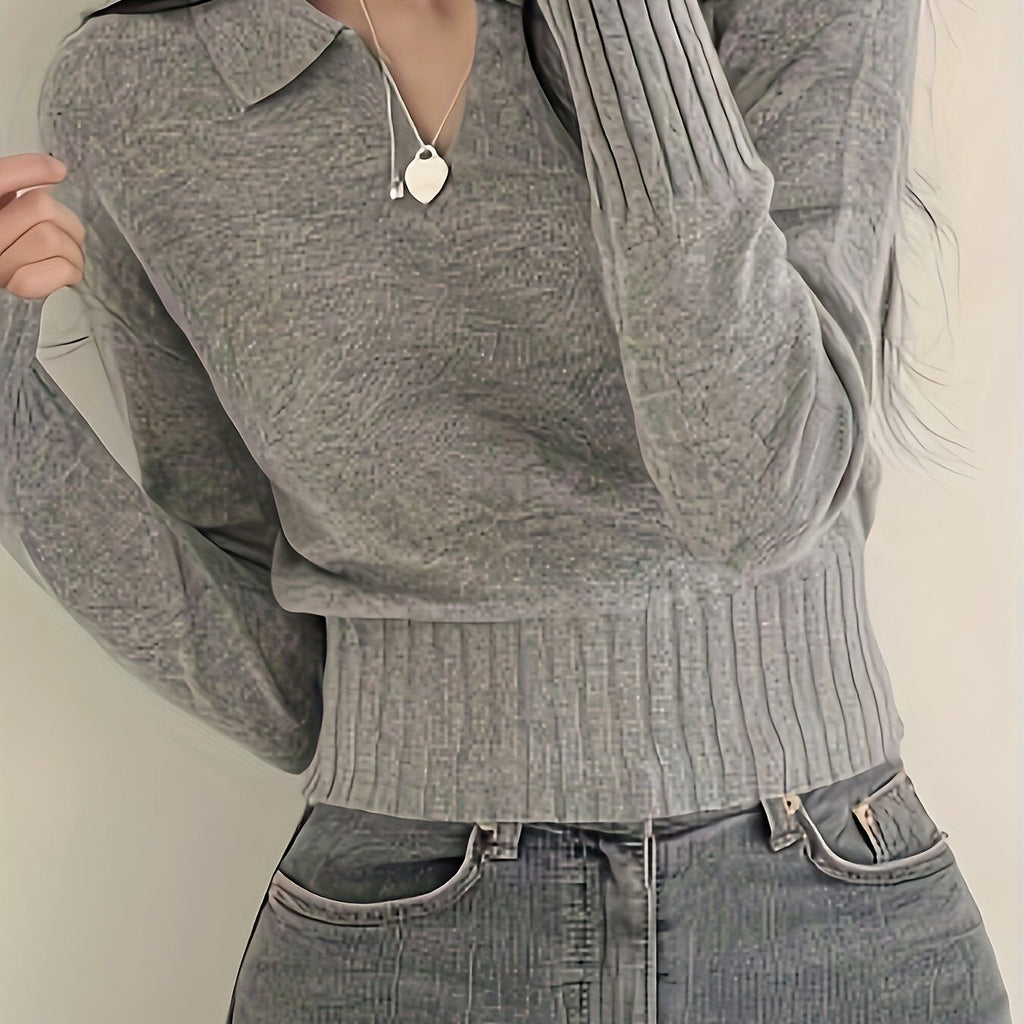 Casual Fashion V-Neck POLO Sweater | Solid Color, All-Season Wear   OAXG Grey / XS