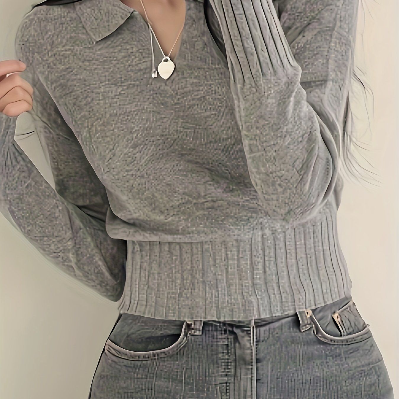 Casual Fashion V-Neck POLO Sweater | Solid Color, All-Season Wear   OAXG Grey / XS