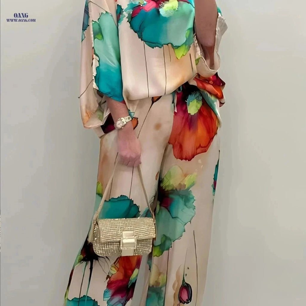 Casual Floral Pullover and Pants Set - Women's Two-Piece Outfit   OAXG Mixed colors / S