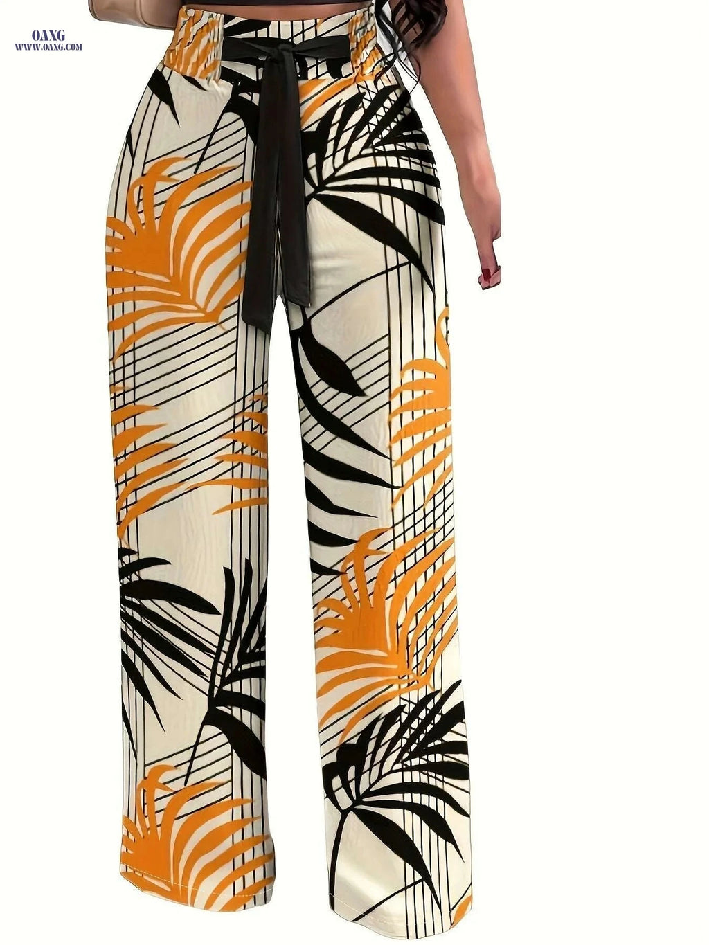 Casual Floral Tie Waist Pants - Women's Long Length Wide Leg   OAXG Multicolor / S
