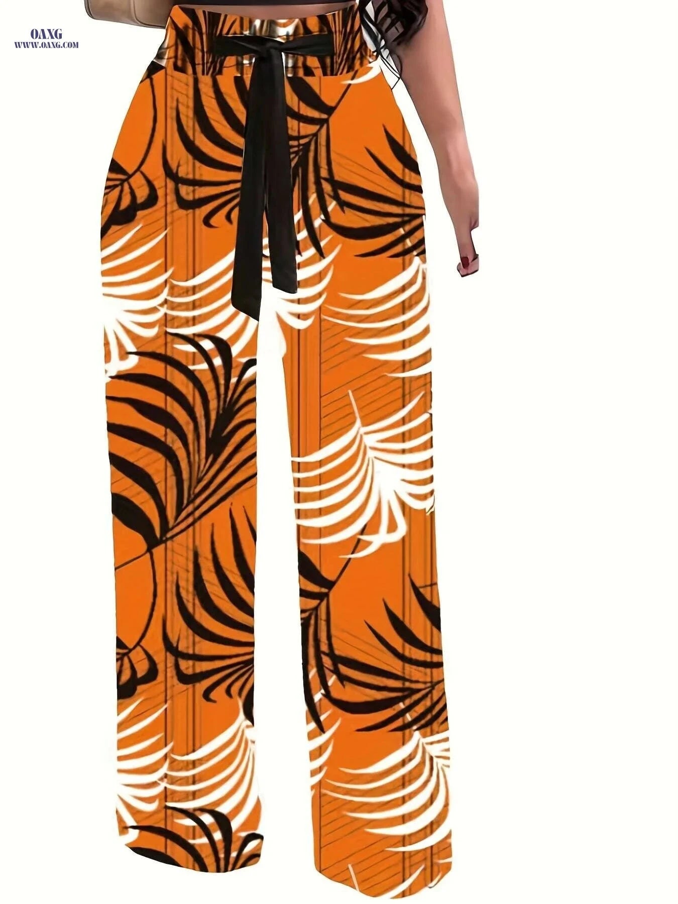 Casual Floral Tie Waist Pants - Women's Long Length Wide Leg   OAXG Multicolor / S