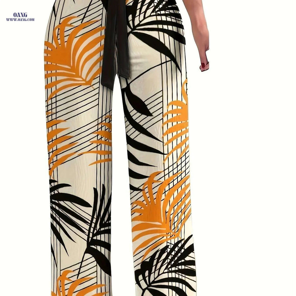 Casual Floral Tie Waist Pants - Women's Long Length Wide Leg   OAXG 