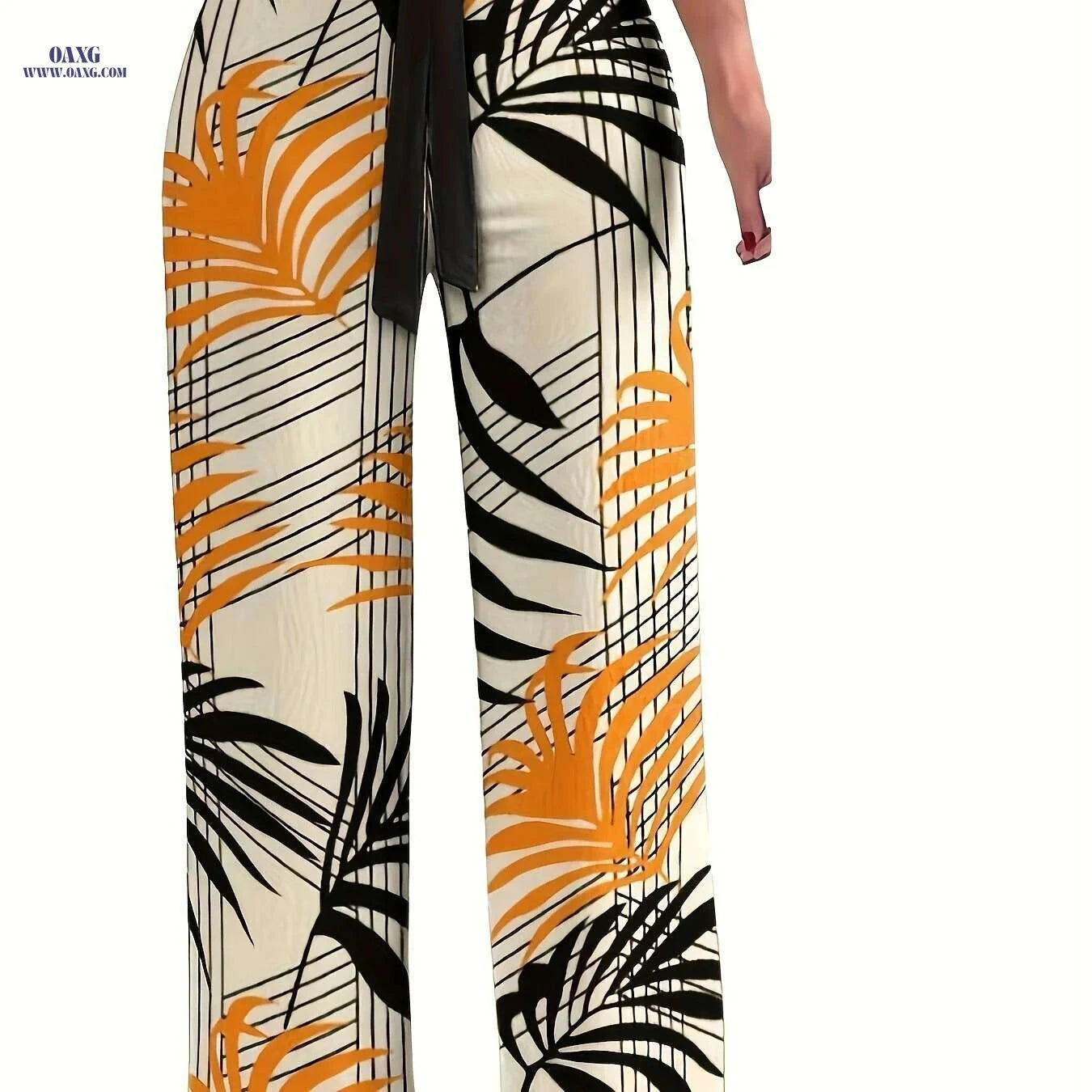 Casual Floral Tie Waist Pants - Women's Long Length Wide Leg   OAXG 