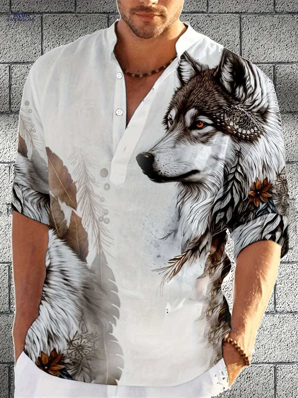 Casual Half-Open Placket Stand-Up Collar Long-Sleeved Shirt   OAXG 