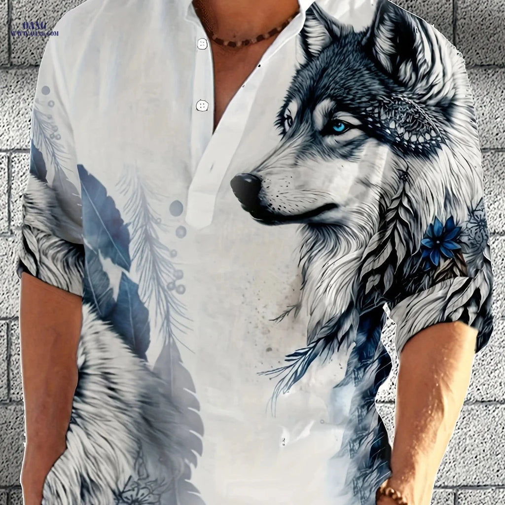 Casual Half-Open Placket Stand-Up Collar Long-Sleeved Shirt   OAXG 