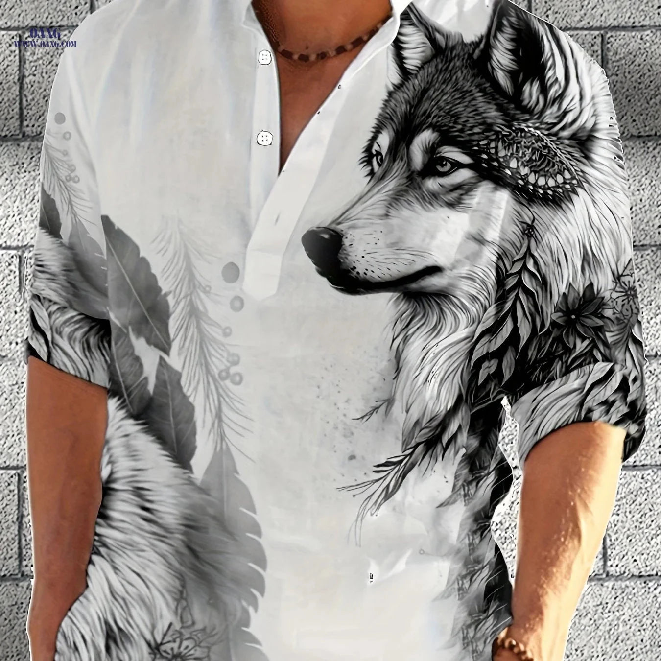 Casual Half-Open Placket Stand-Up Collar Long-Sleeved Shirt   OAXG 
