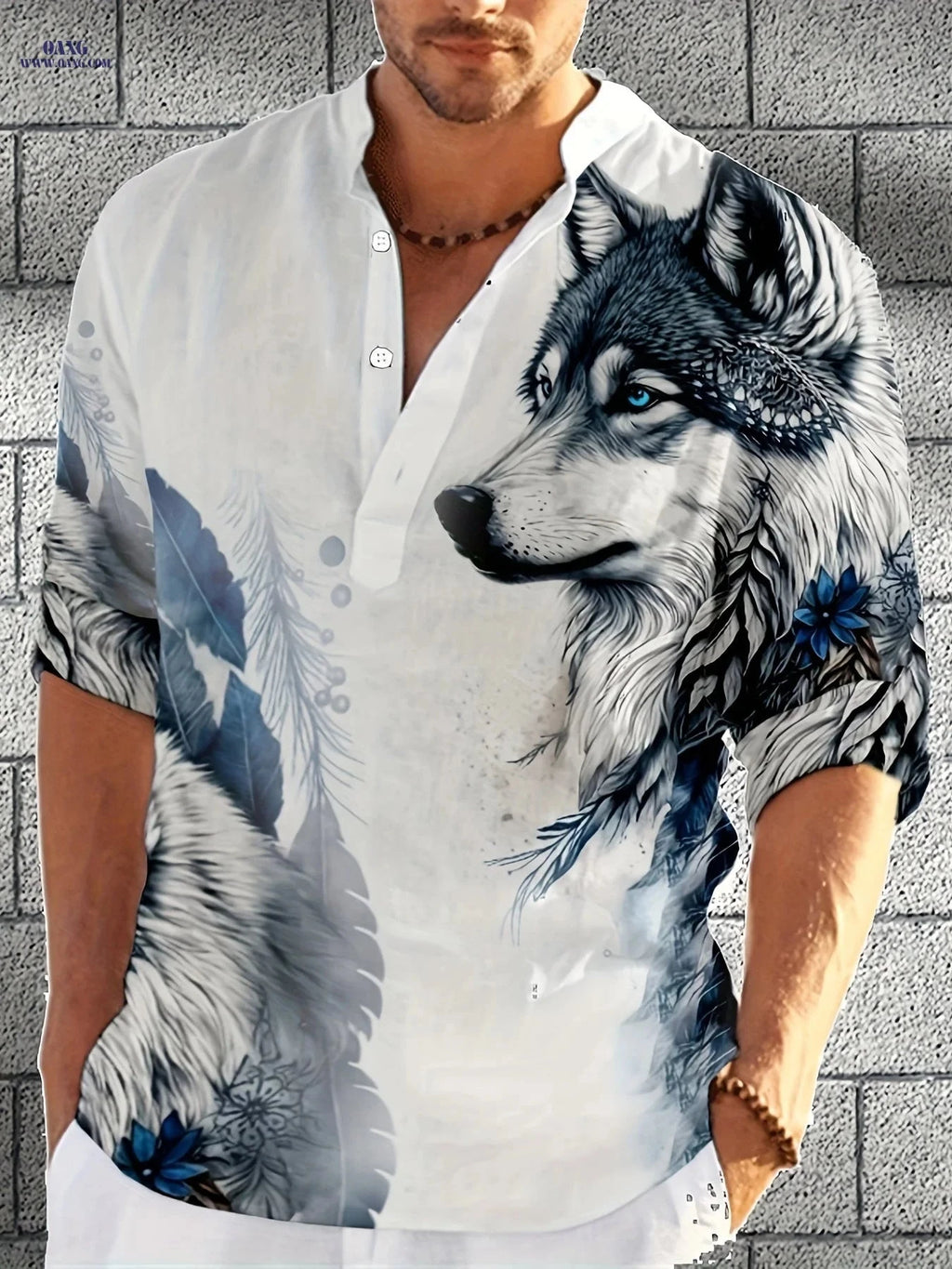 Casual Half-Open Placket Stand-Up Collar Long-Sleeved Shirt   OAXG 