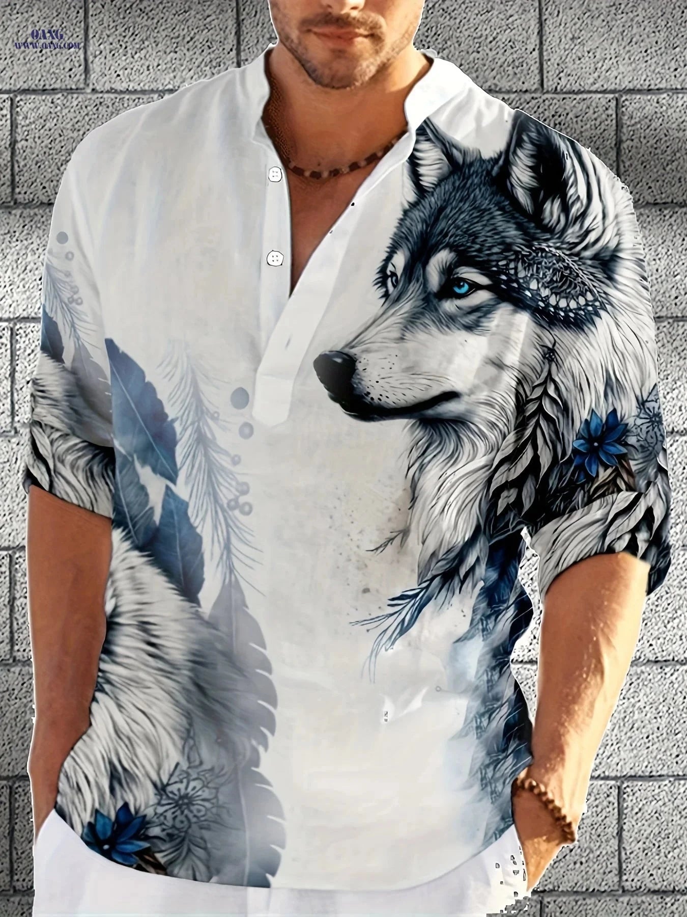 Casual Half-Open Placket Stand-Up Collar Long-Sleeved Shirt   OAXG 
