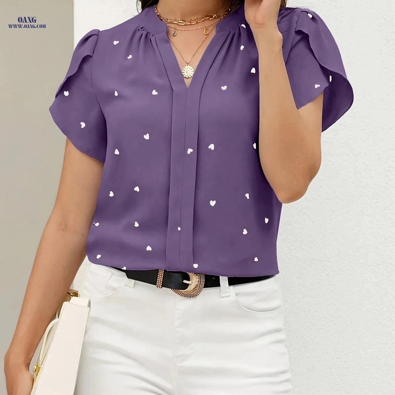 Casual Heart Pattern V-Neck Shirt - All-Season Polyester Wear   OAXG Brick Red / S