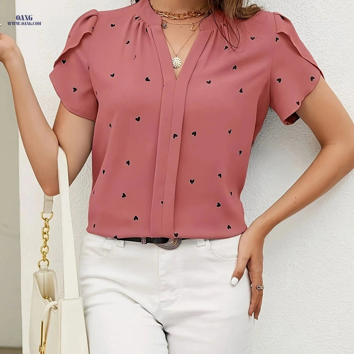 Casual Heart Pattern V-Neck Shirt - All-Season Polyester Wear   OAXG Brick Red / S