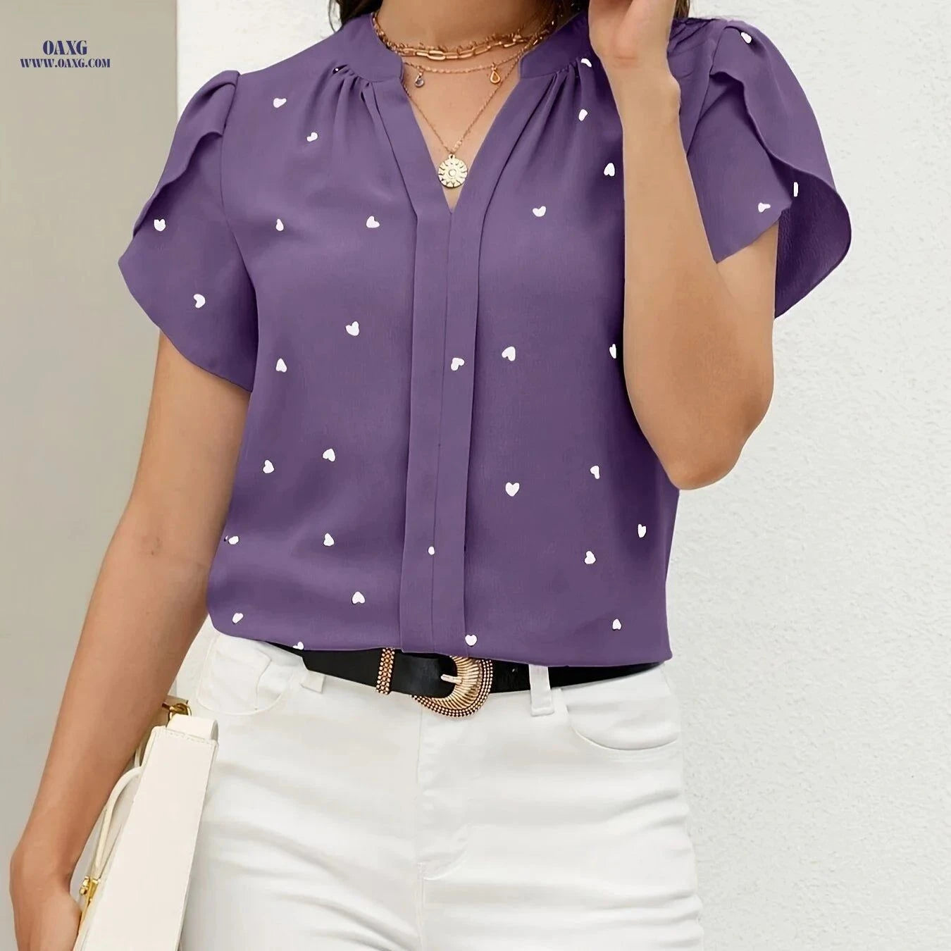 Casual Heart Pattern V-Neck Shirt - All-Season Polyester Wear   OAXG Brick Red / S