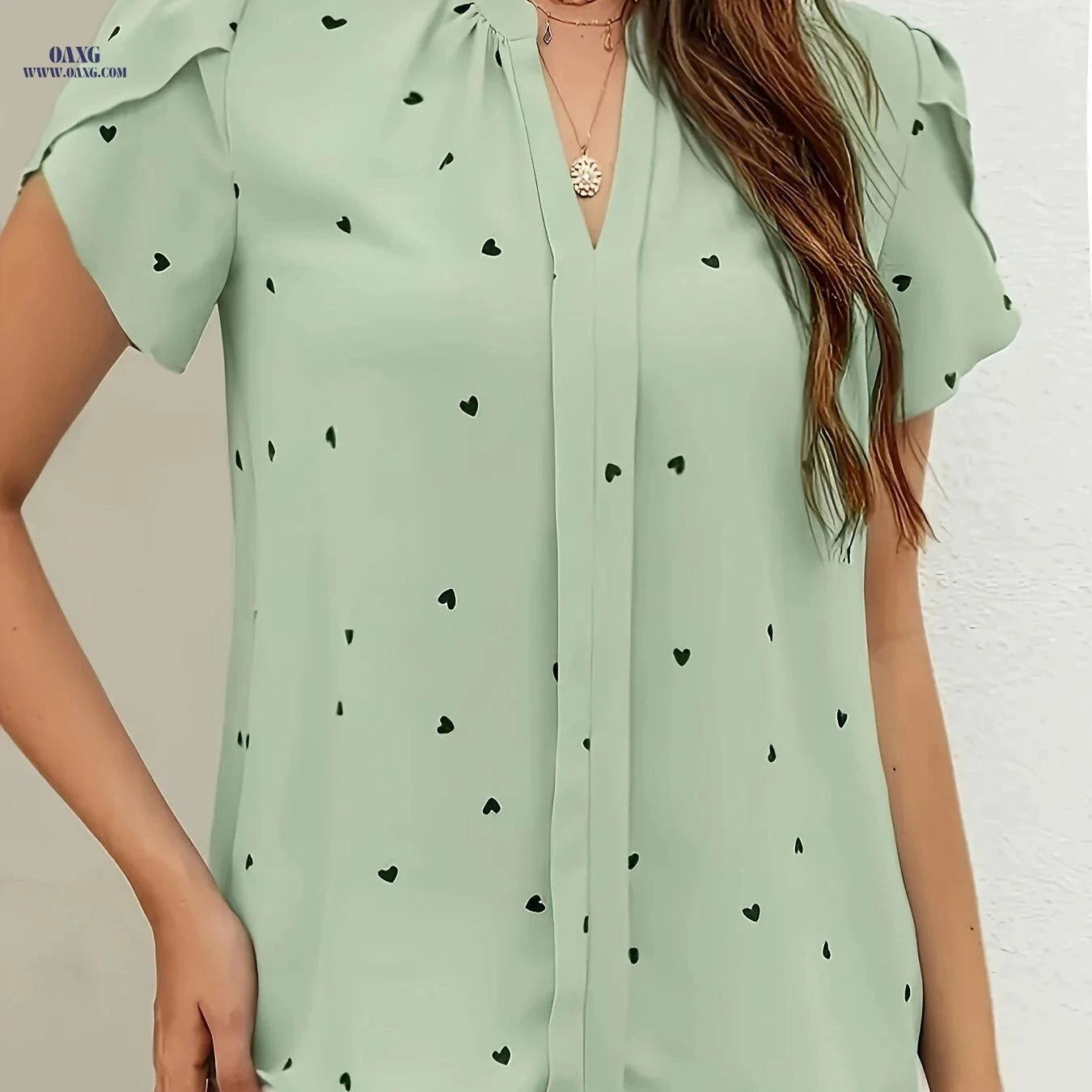 Casual Heart Pattern V-Neck Shirt - All-Season Polyester Wear   OAXG Brick Red / S