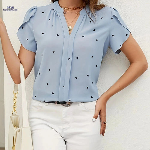 Casual Heart Pattern V-Neck Shirt - All-Season Polyester Wear   OAXG Brick Red / S