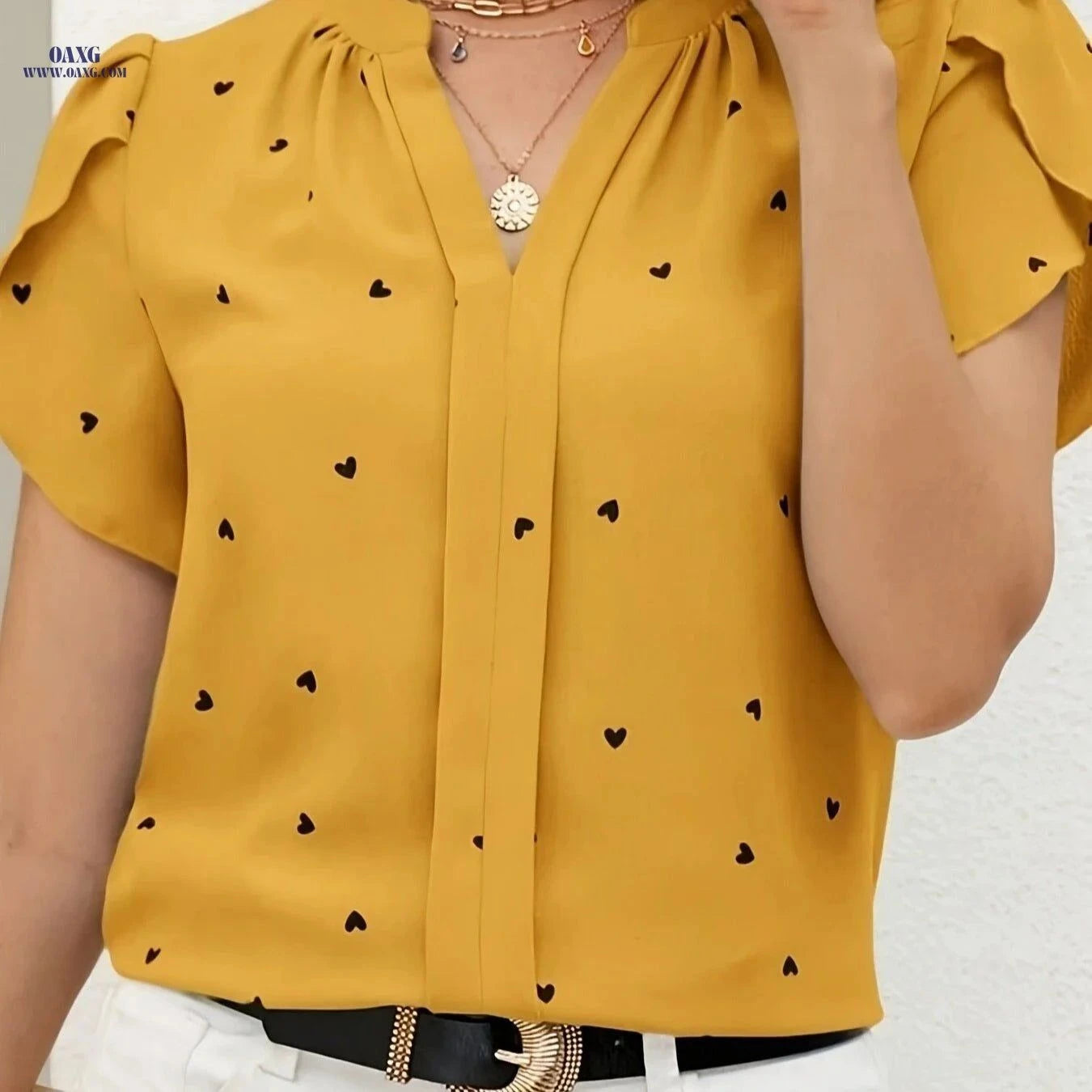 Casual Heart Pattern V-Neck Shirt - All-Season Polyester Wear   OAXG Brick Red / S