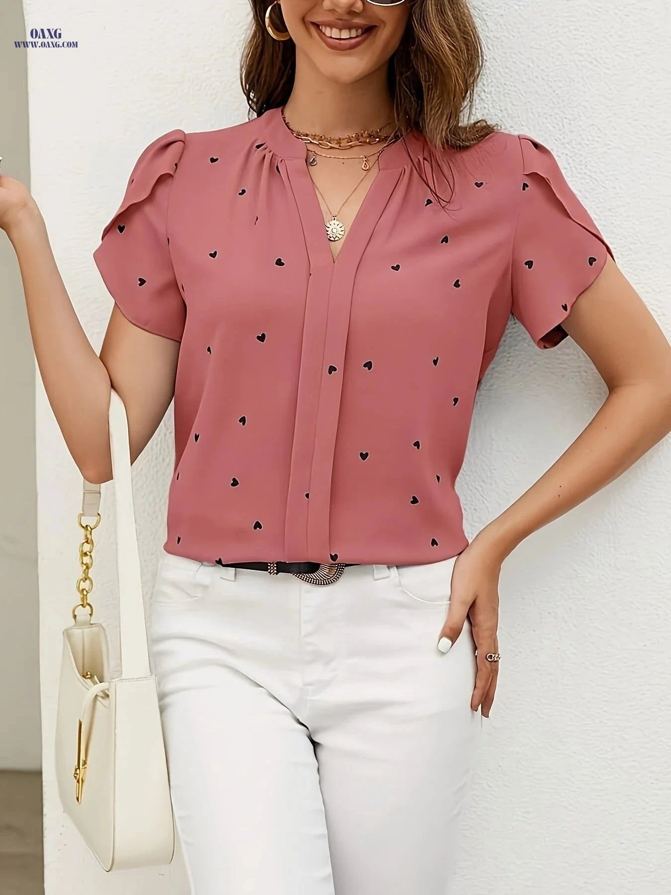 Casual Heart Pattern V-Neck Shirt - All-Season Polyester Wear   OAXG Brick Red / S