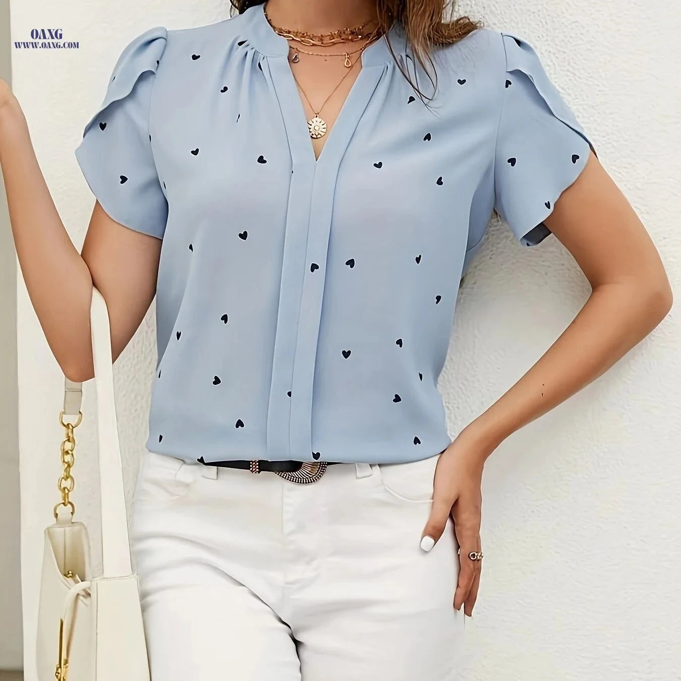 Casual Heart Pattern V-Neck Shirt - All-Season Polyester Wear   OAXG Brick Red / S