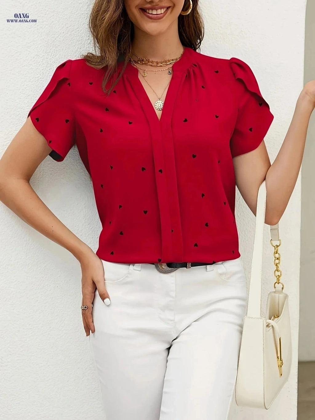 Casual Heart Pattern V-Neck Shirt - All-Season Polyester Wear   OAXG Brick Red / S