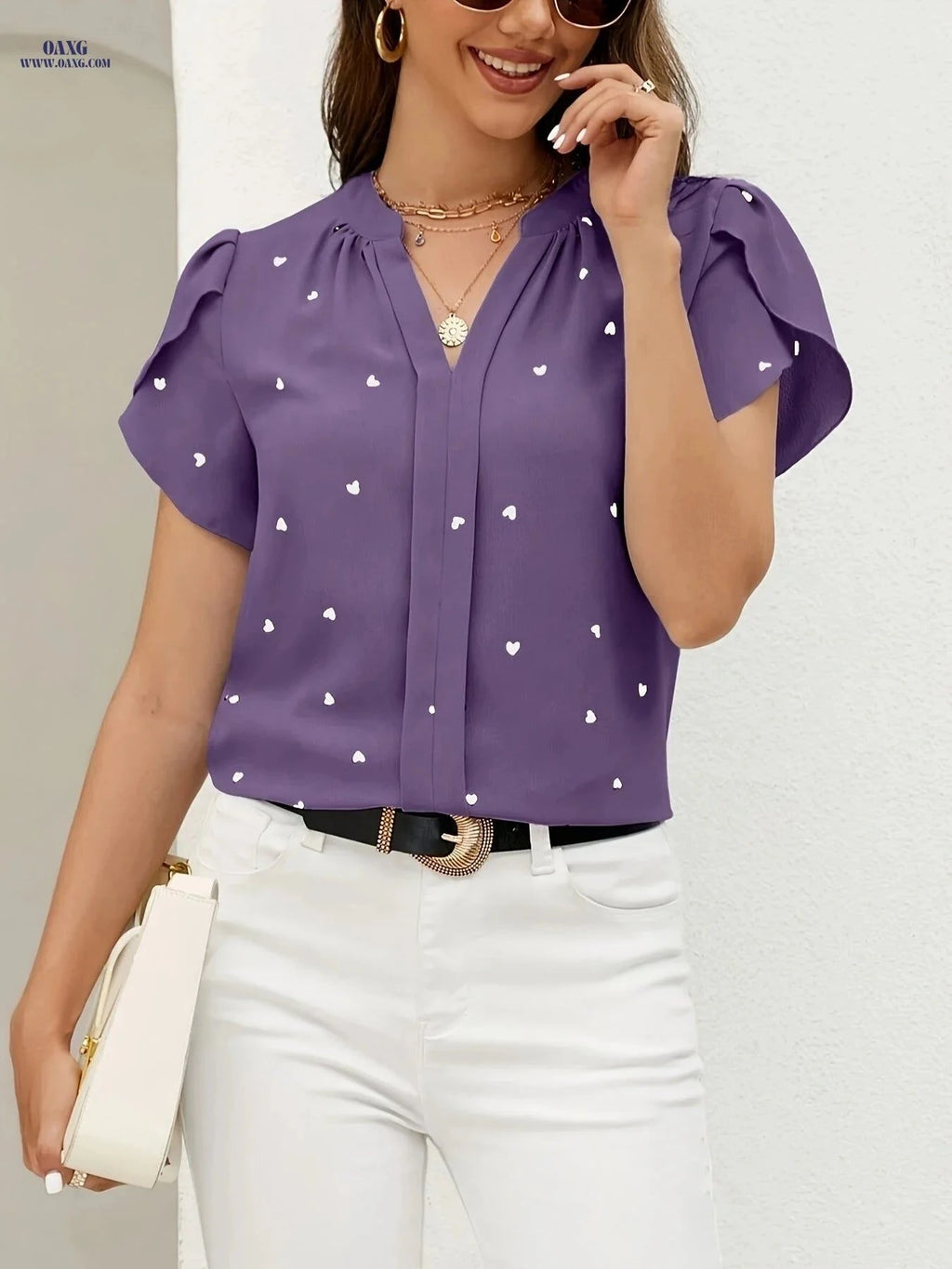 Casual Heart Pattern V-Neck Shirt - All-Season Polyester Wear   OAXG Brick Red / S
