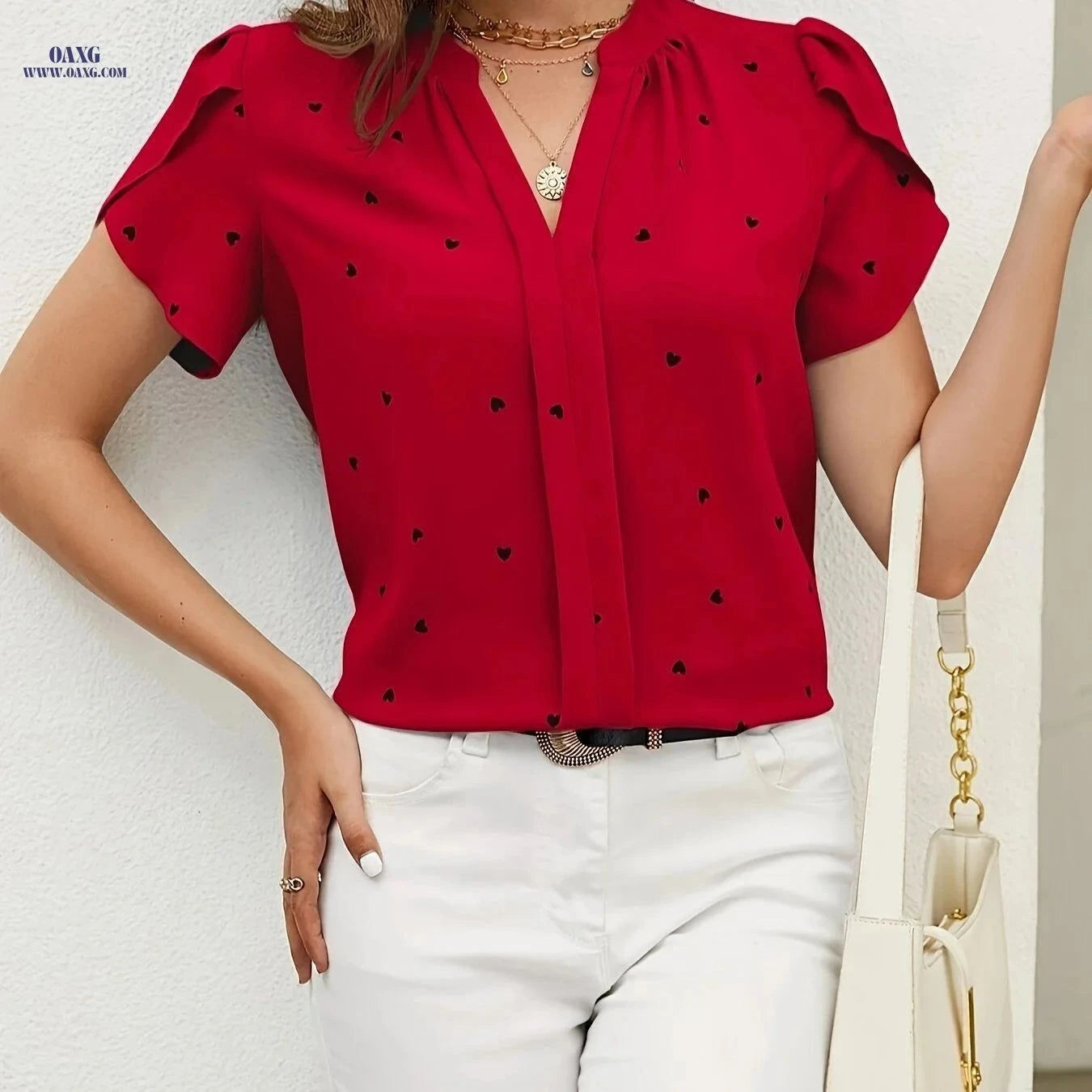 Casual Heart Pattern V-Neck Shirt - All-Season Polyester Wear   OAXG Brick Red / S