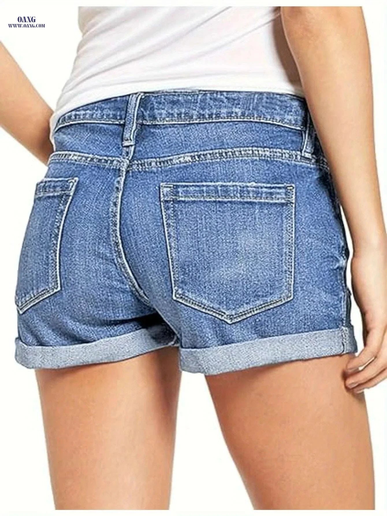 Casual High Waist Denim Shorts - Breathable Torn Denim, Rolled Hem   OAXG 