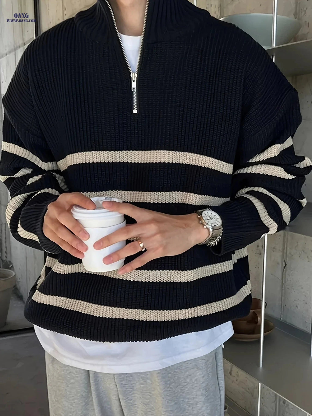 Casual Knit High Neck Zip-Up Sweater for Men - Fall/Winter Style   OAXG 
