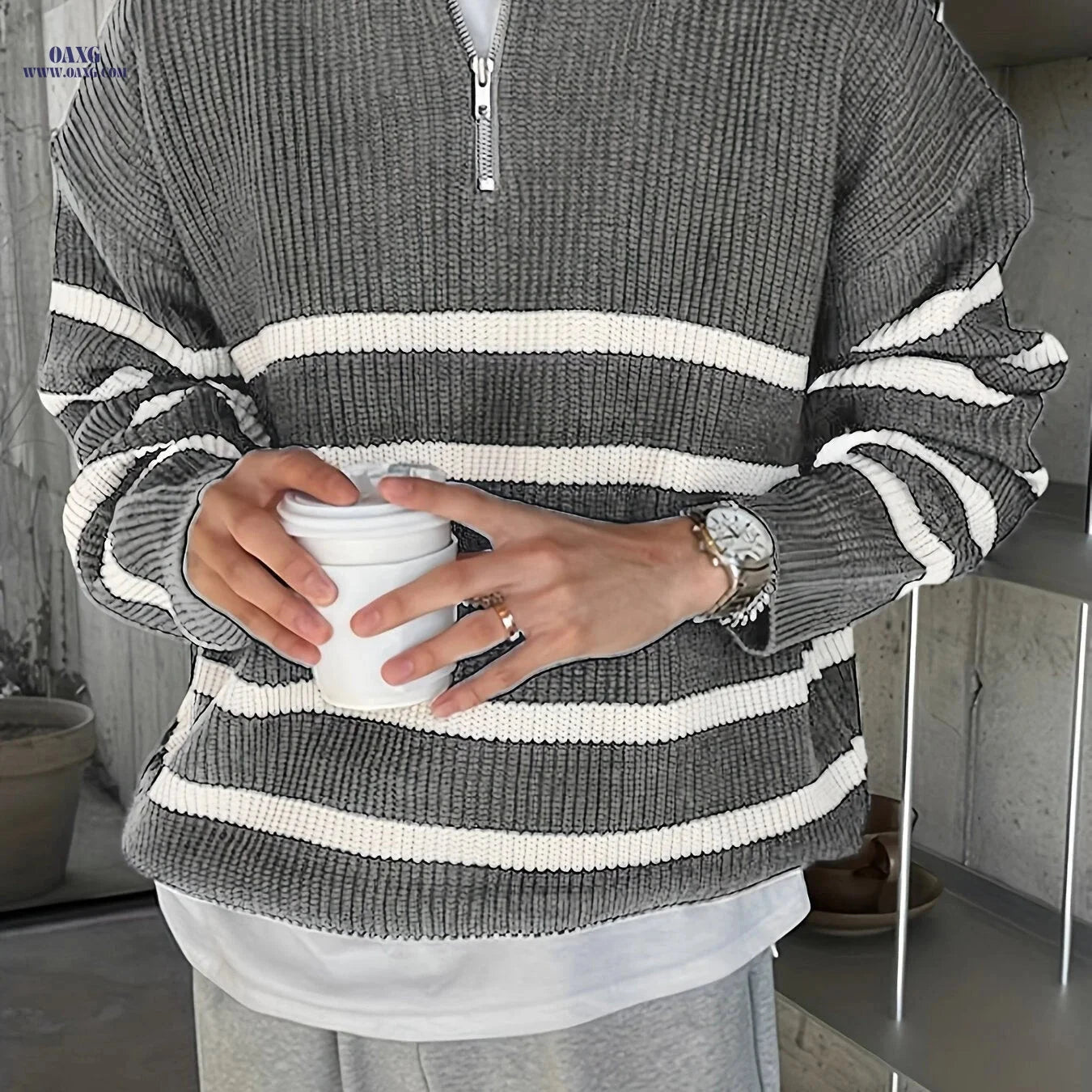 Casual Knit High Neck Zip-Up Sweater for Men - Fall/Winter Style   OAXG Black / FR S