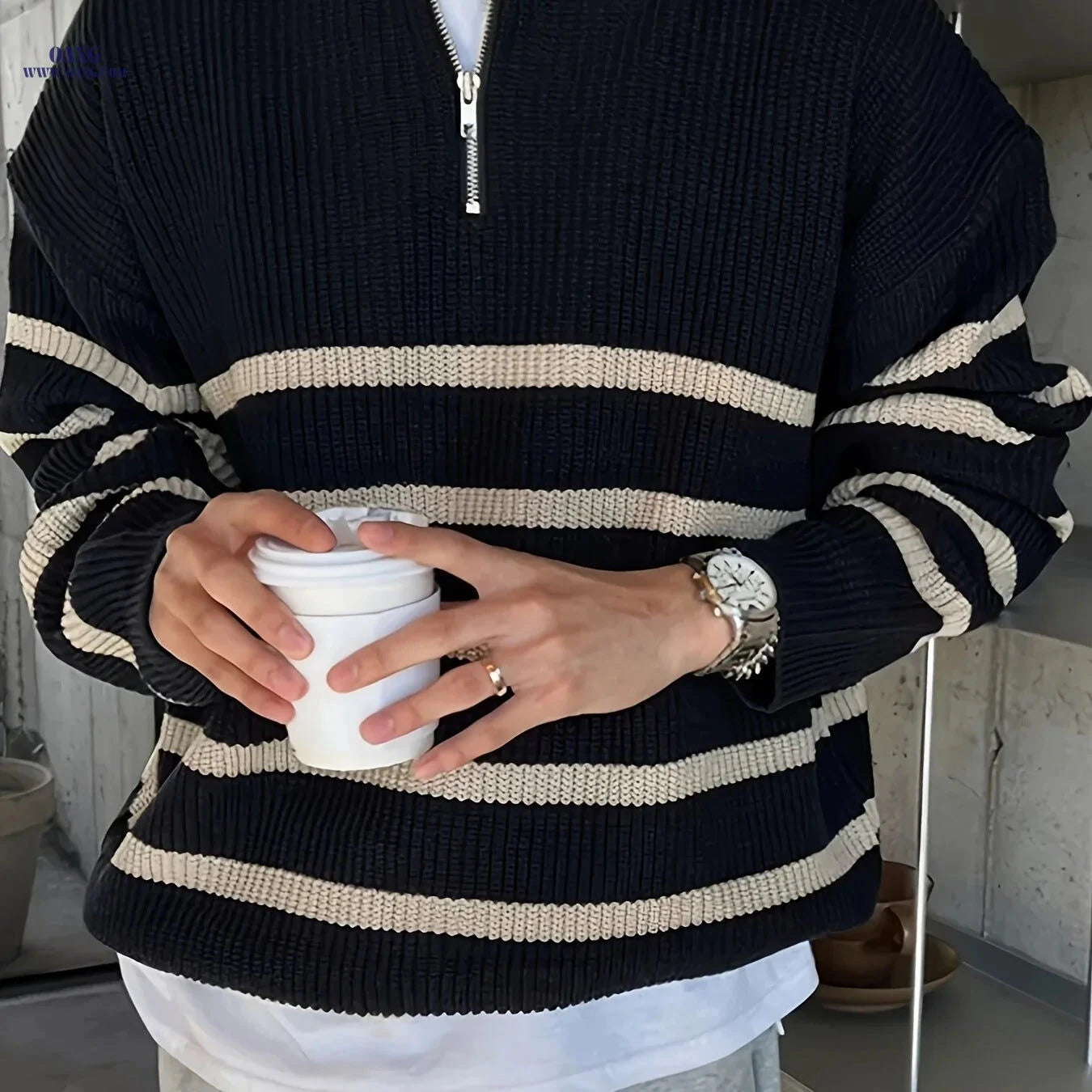Casual Knit High Neck Zip-Up Sweater for Men - Fall/Winter Style   OAXG Black / FR S