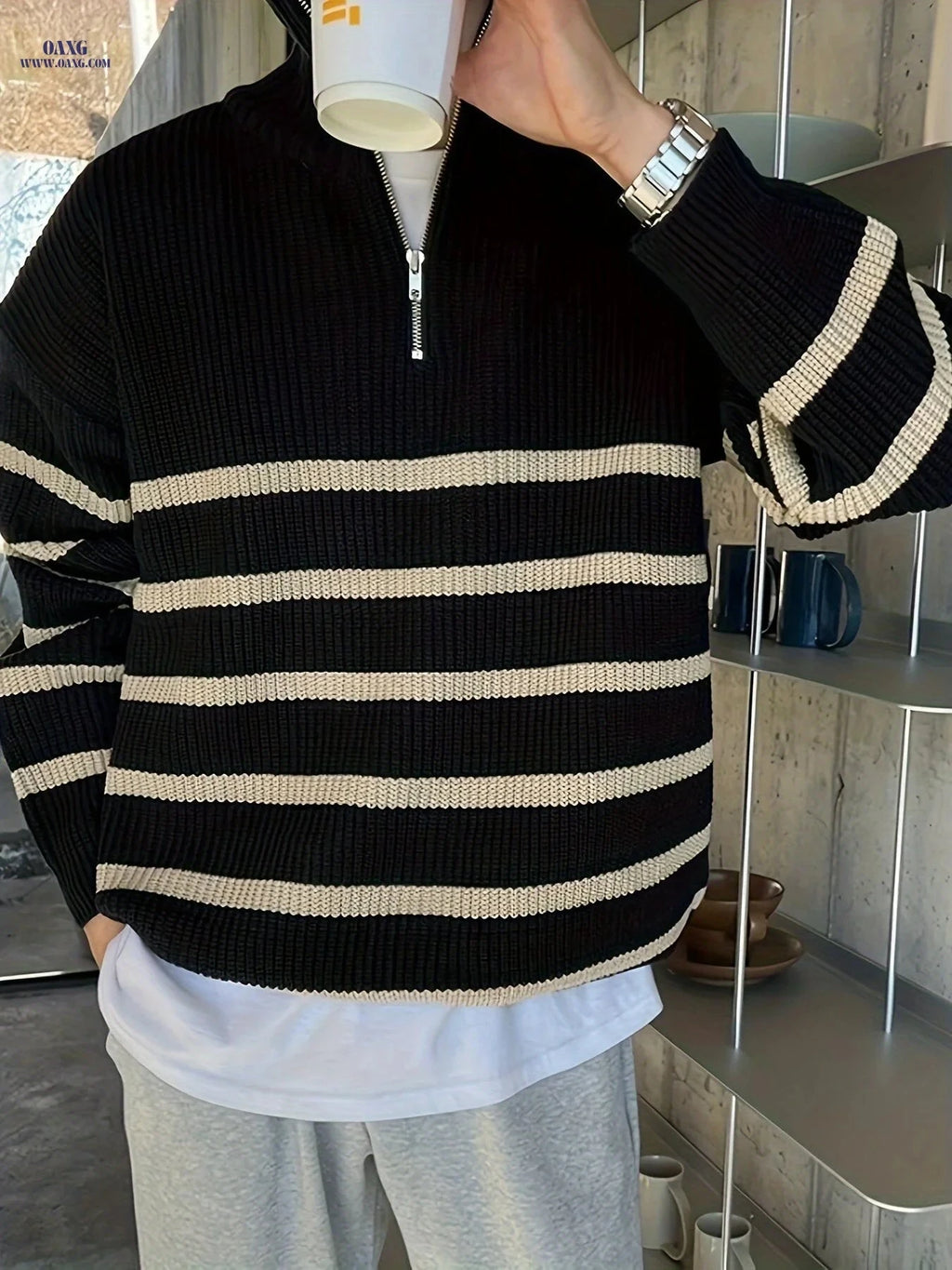 Casual Knit High Neck Zip-Up Sweater for Men - Fall/Winter Style   OAXG 
