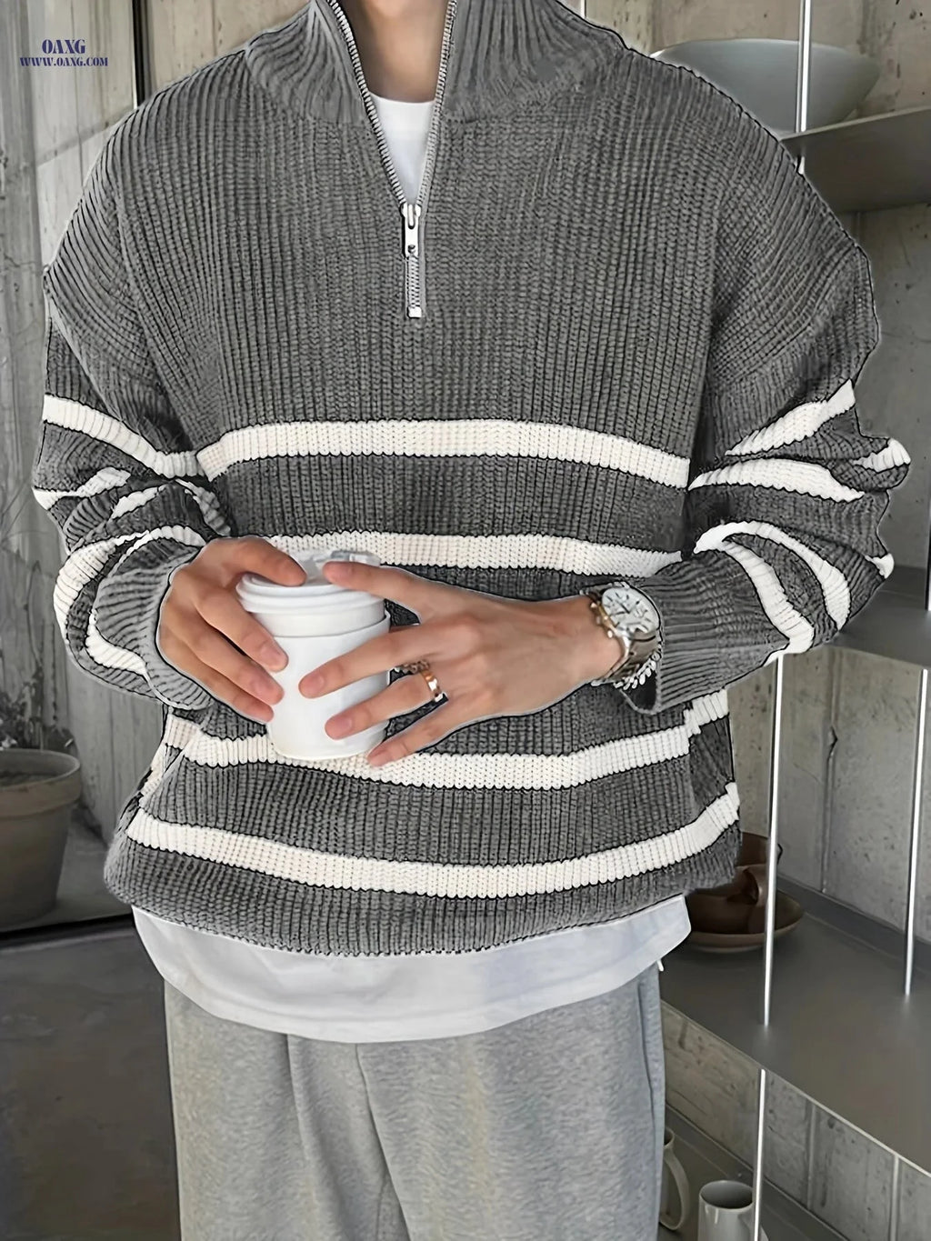 Casual Knit High Neck Zip-Up Sweater for Men - Fall/Winter Style   OAXG 