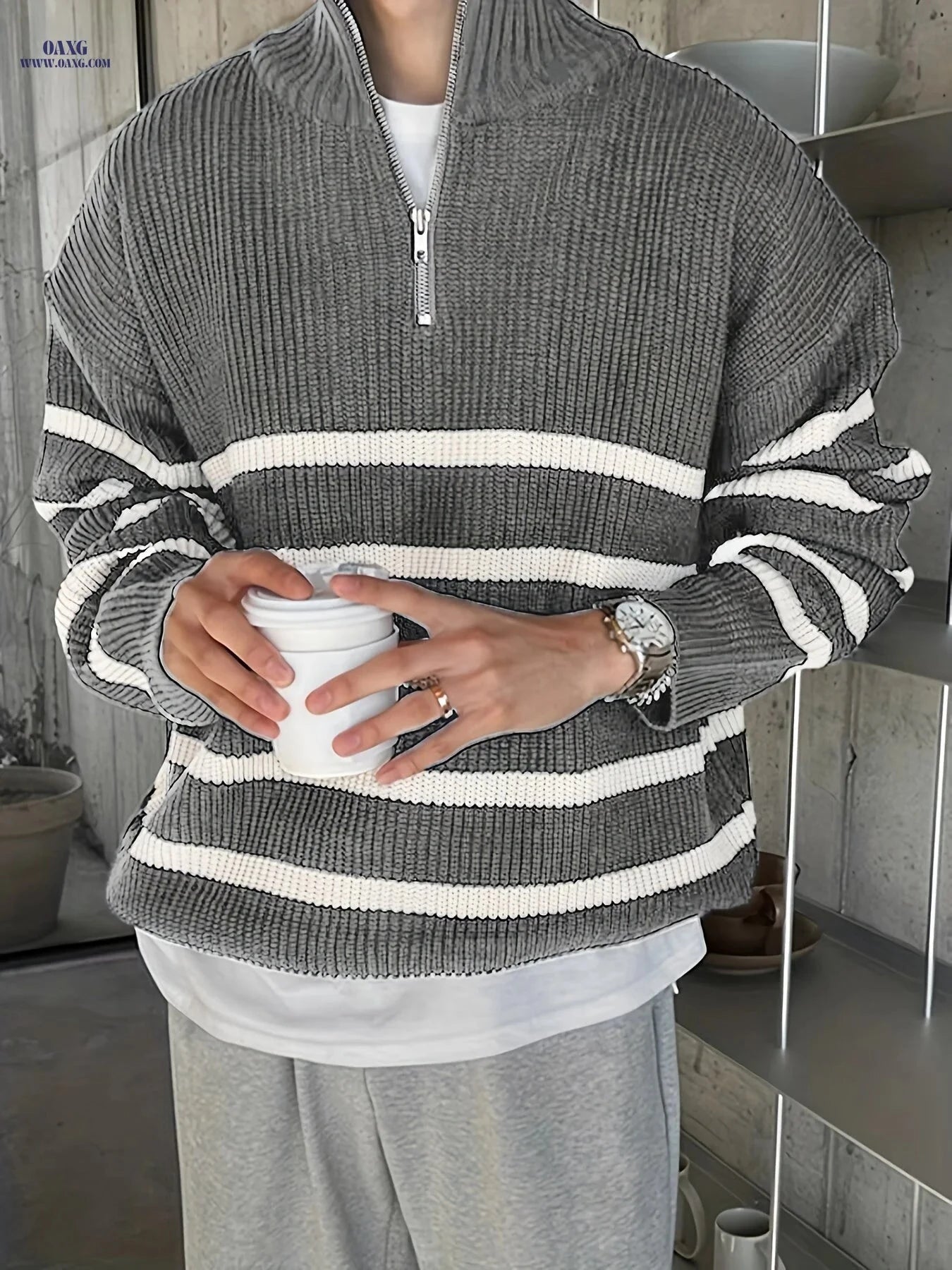 Casual Knit High Neck Zip-Up Sweater for Men - Fall/Winter Style   OAXG 