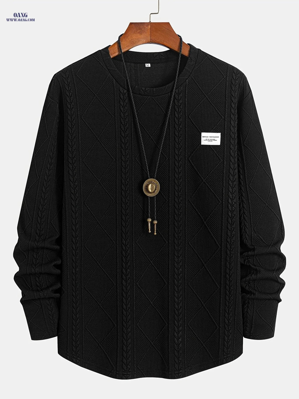 Casual Knitted Jacquard Sweatshirt - Curved Hem, Crew Neck Style   OAXG Black / FR XXS