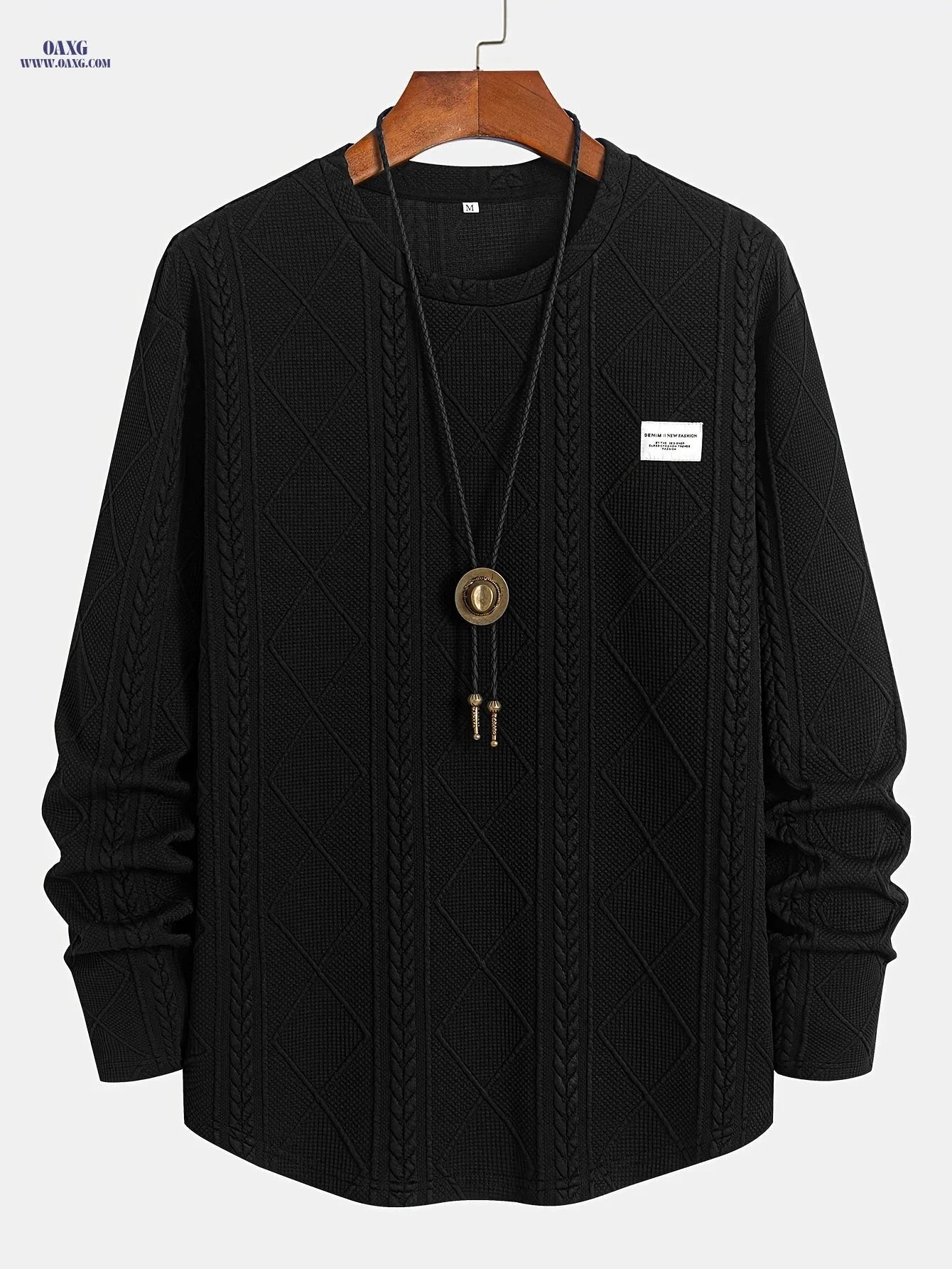 Casual Knitted Jacquard Sweatshirt - Curved Hem, Crew Neck Style   OAXG Black / FR XXS