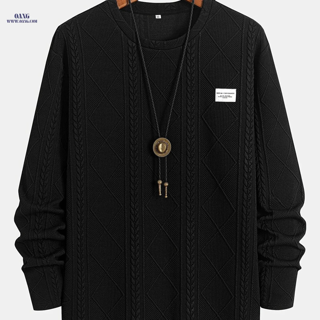 Casual Knitted Jacquard Sweatshirt - Curved Hem, Crew Neck Style   OAXG Black / FR XXS