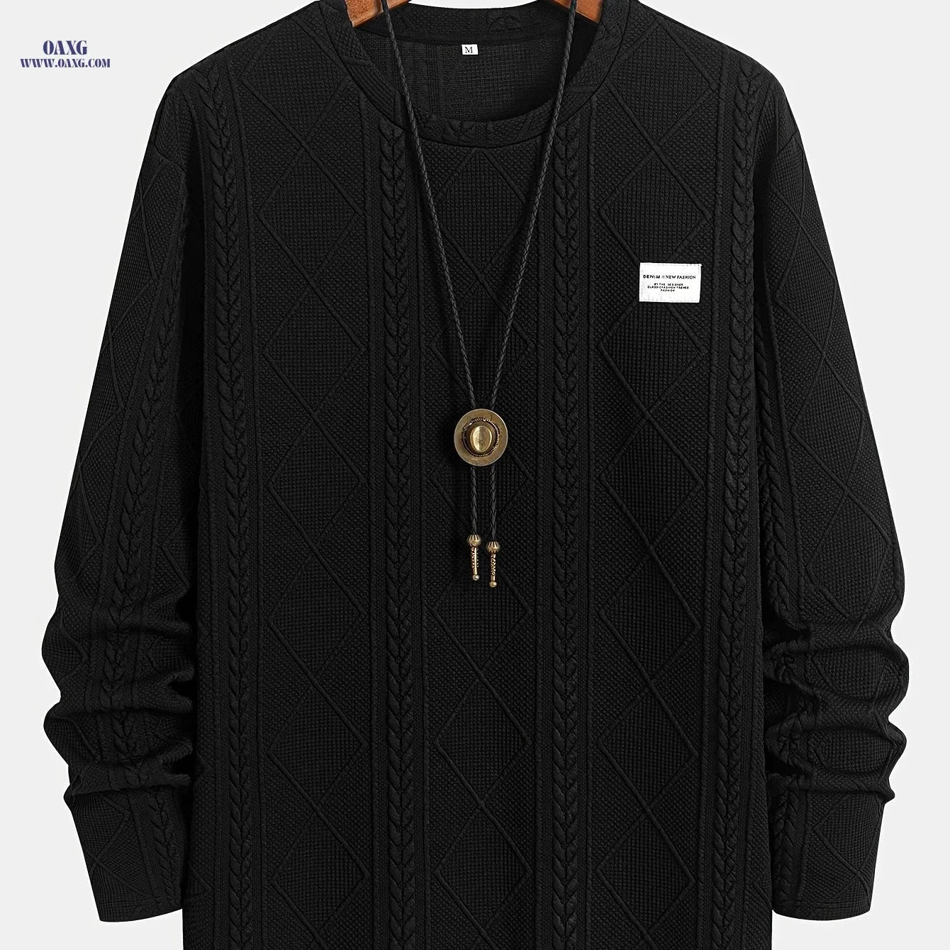 Casual Knitted Jacquard Sweatshirt - Curved Hem, Crew Neck Style   OAXG Black / FR XXS