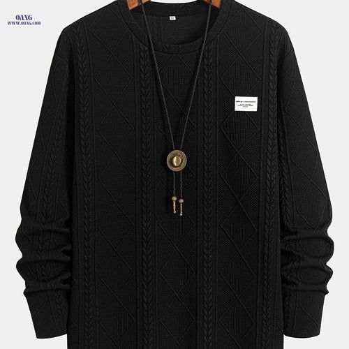Casual Knitted Jacquard Sweatshirt - Curved Hem, Crew Neck Style   OAXG Black / FR XXS