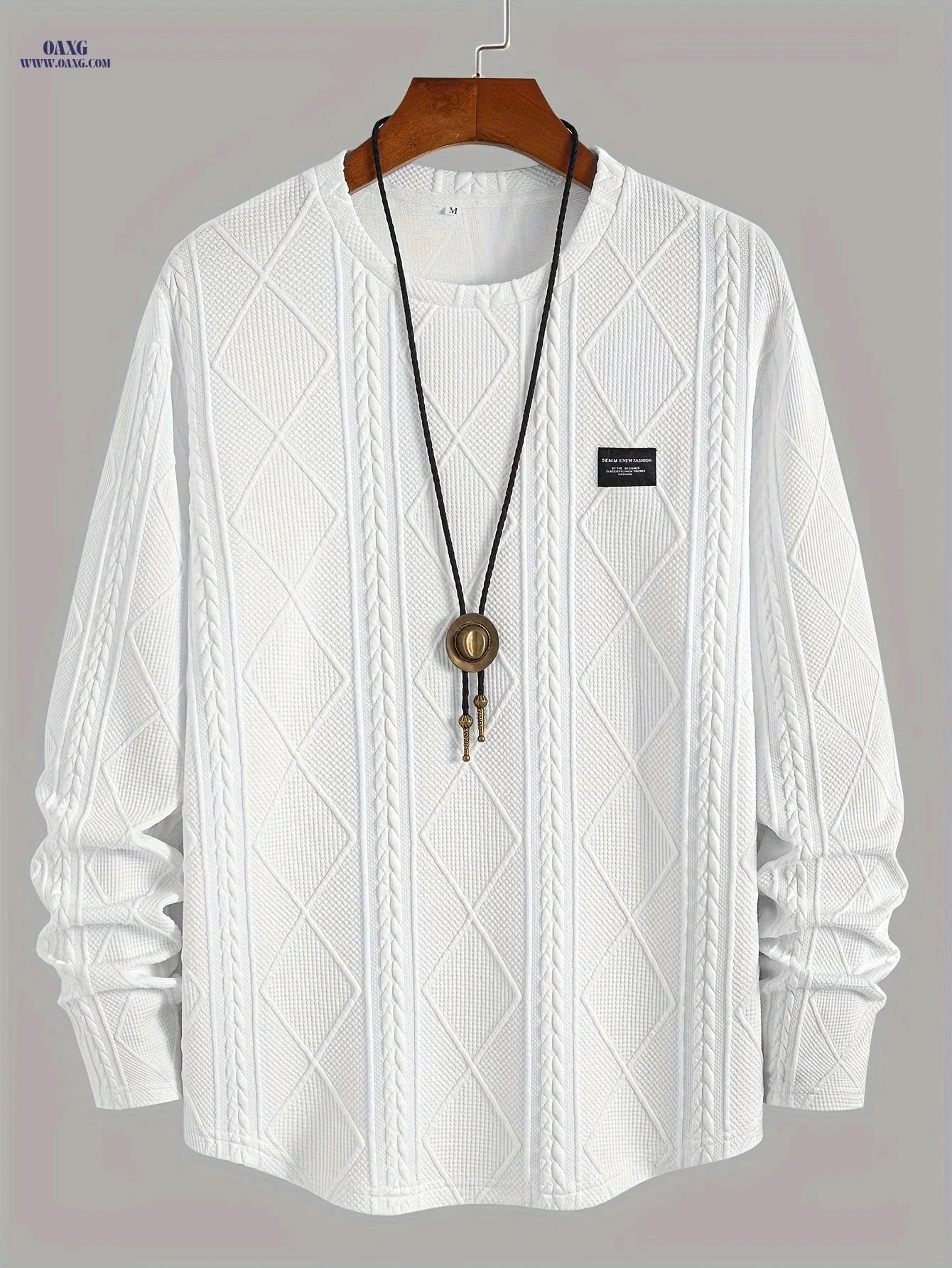 Casual Knitted Jacquard Sweatshirt - Curved Hem, Crew Neck Style   OAXG 