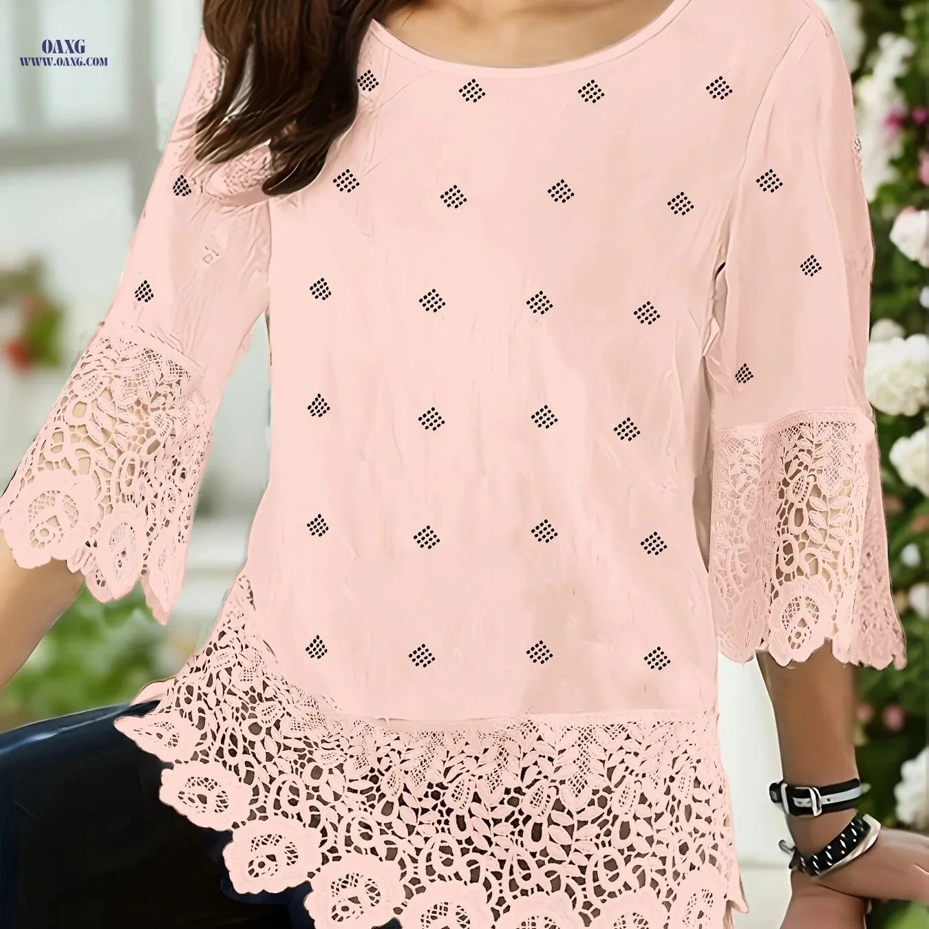Casual Lace-Trimmed Check Print Blouse - Spring/Fall Top   OAXG Pink / S