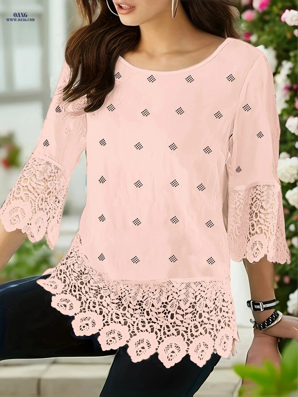 Casual Lace-Trimmed Check Print Blouse - Spring/Fall Top   OAXG Pink / S