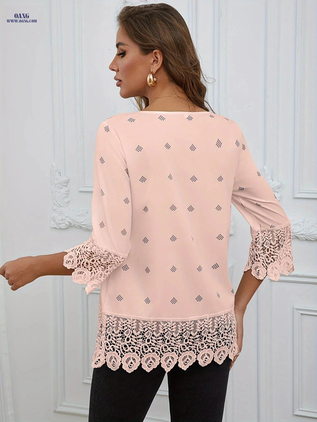 Casual Lace-Trimmed Check Print Blouse - Spring/Fall Top   OAXG Pink / S