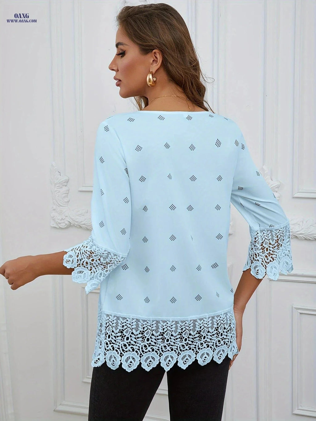 Casual Lace-Trimmed Check Print Blouse - Spring/Fall Top   OAXG Pink / S