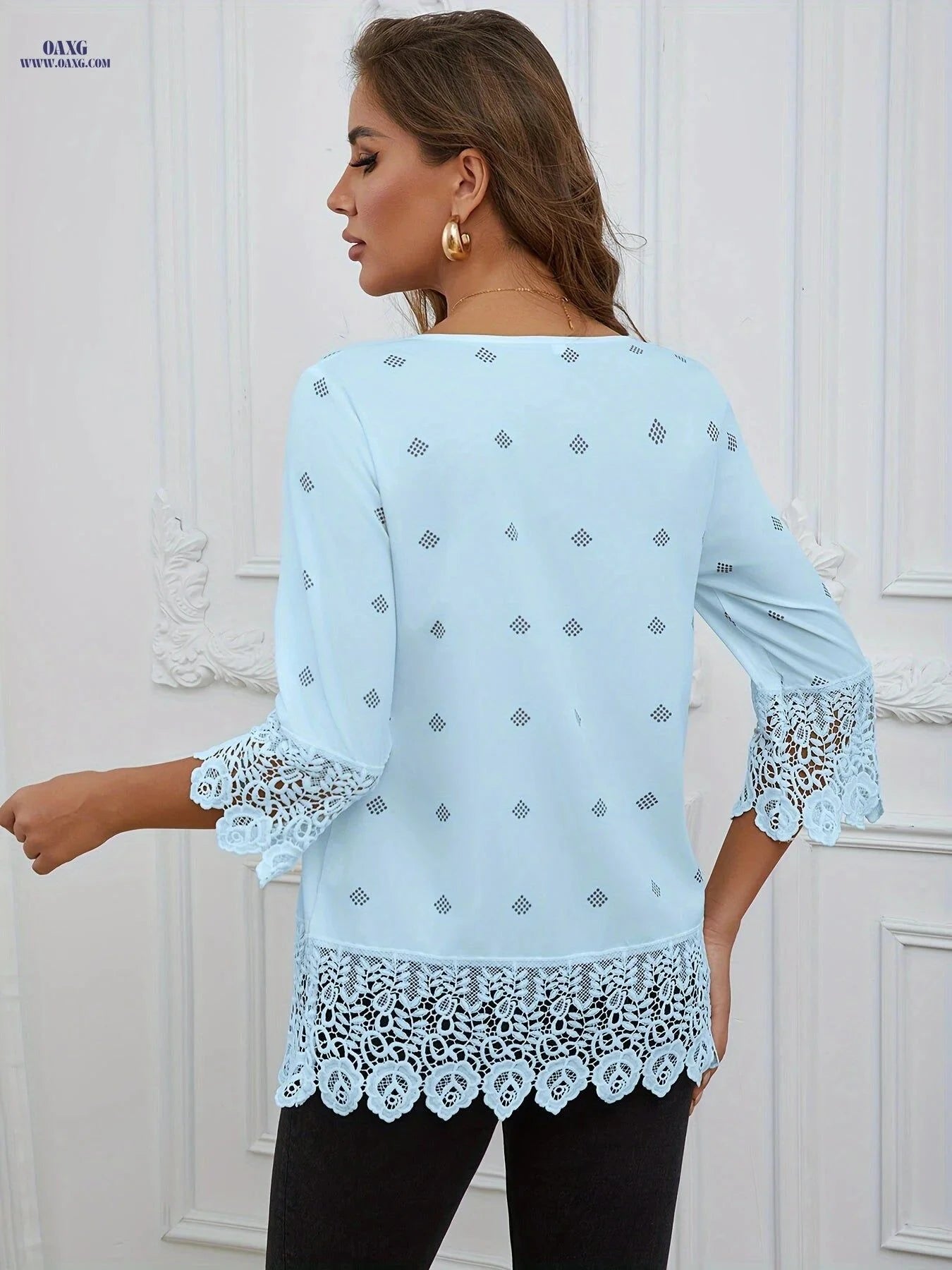 Casual Lace-Trimmed Check Print Blouse - Spring/Fall Top   OAXG Pink / S
